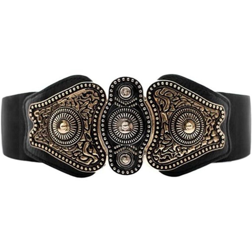 Retro Black &‎ Bronze Chunky Metal Buckle Wide Waistbelt Stretchy Cincher Belt
